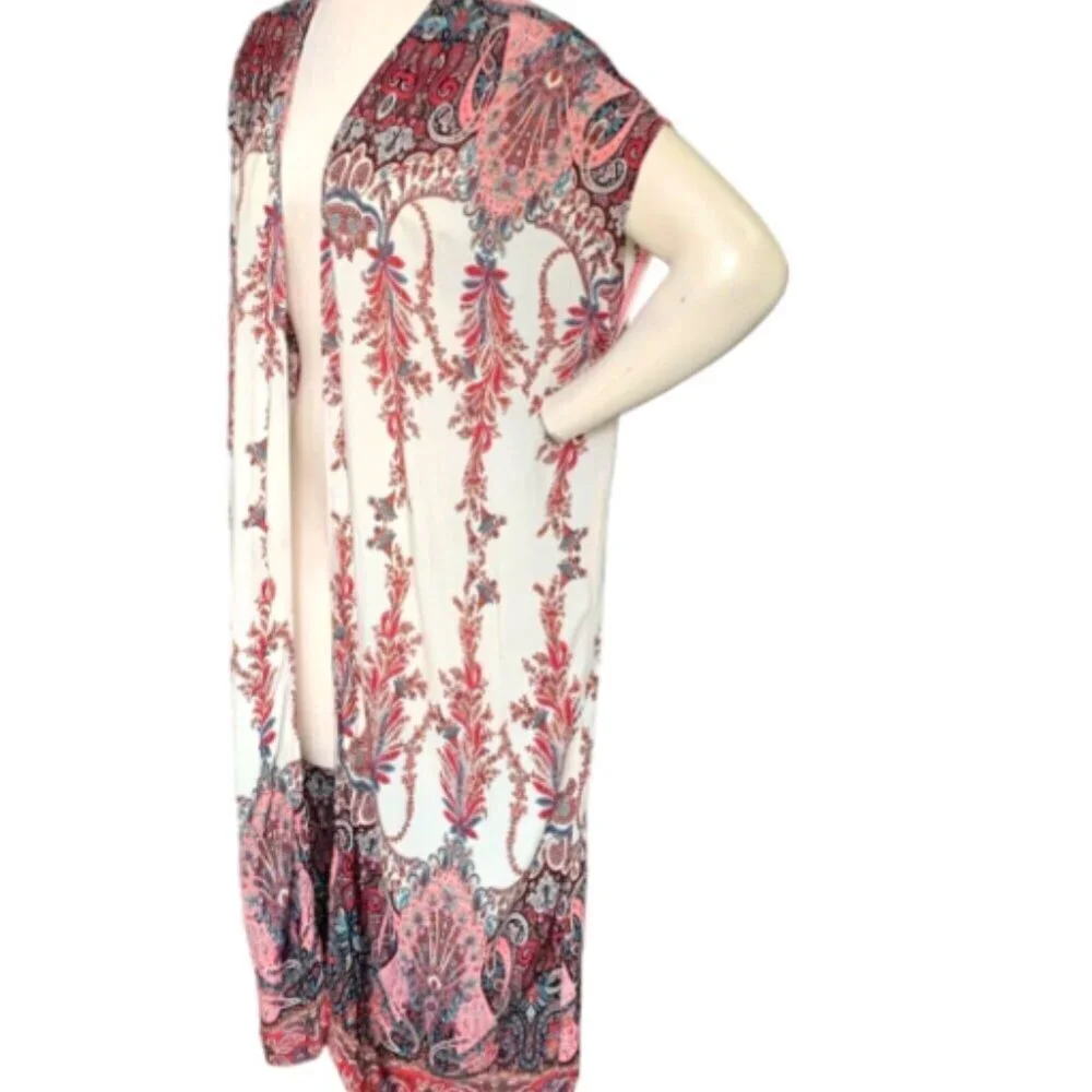 SB/Suzanne Betro BOHO Paisley Longline Vest‎ Cover-up Kimono Sz M #129E